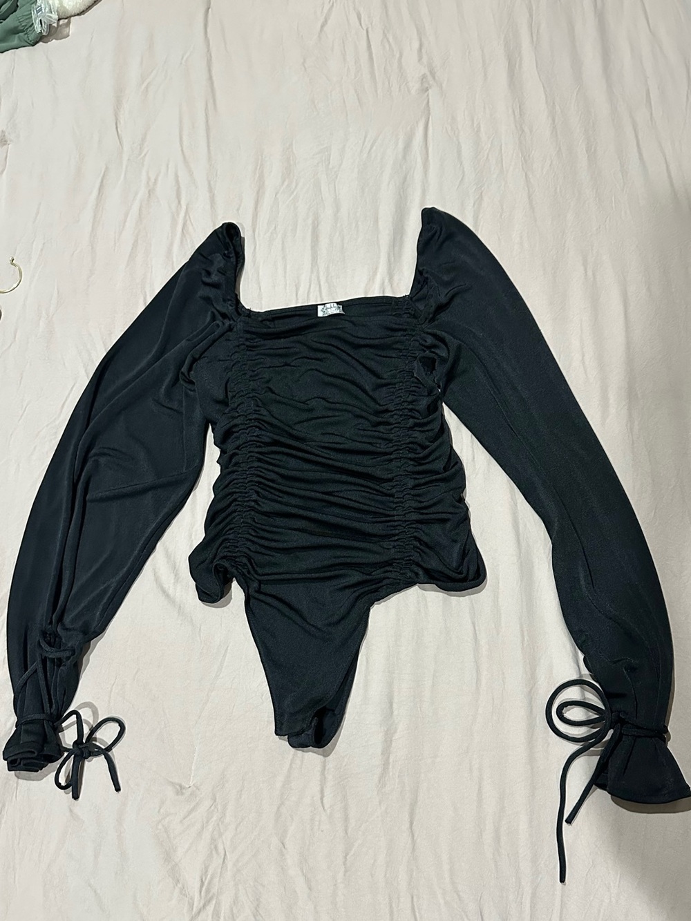 Free People Black Ruched Long-Sleeve Bodysuit